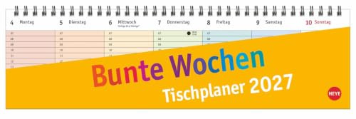 Bunte Wochen Wochenquerplaner 2027: Übersichtlicher Umklapp-Kalender 2027 mit farbig markierten Tagen. Tisch-Kalender für den Schreibtisch.