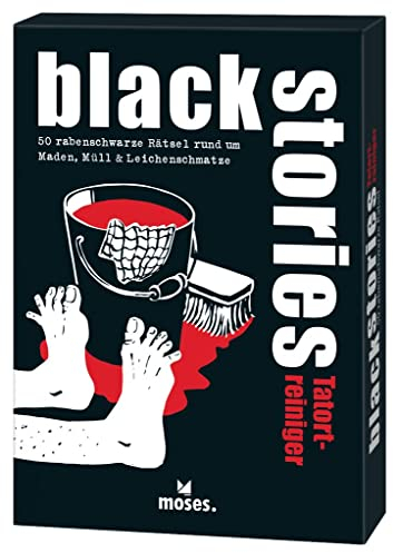moses Black Stories Tatortreiniger-50 rabenschwarze Rätsel rund um Maden, Müll & Leichenschmatze, Das Krimi Kartenspiel mit Wahren Geschichten von Thomas Kundt