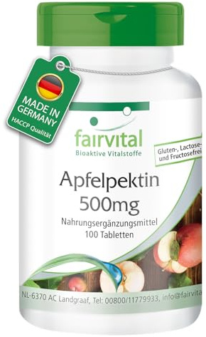 fairvital Äppelpektin 500mg tabletter, 100 tabletter, med lösliga kostfibrer, kalcium och C-vitamin, VEGAN