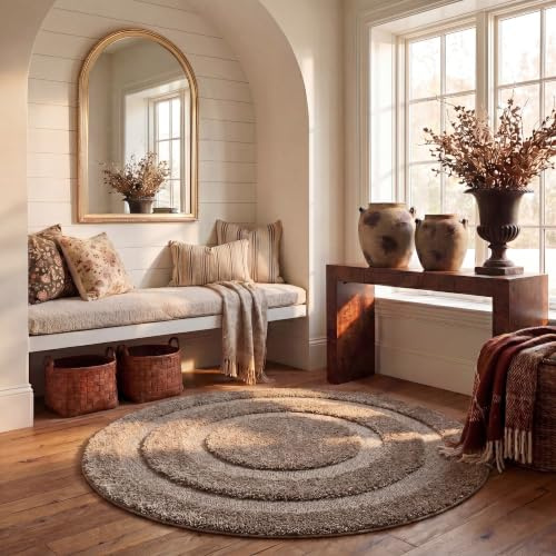 SAFAVIEH Florida Shag Collection Area Rug - 4' Round, Beige & Beige, Border Design, Non-Shedding & Easy Care, 1.2-inch Thick Ideal for High Traffic Areas in Living Room, Bedroom (SG454-1313)