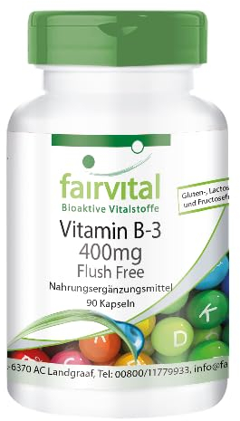 Fairvital | Vitamina B3 400mg - Niacina Flush Free - No ruborizante - VEGANA - Dosis elevada - 90 Cápsulas - Calidad Alemana