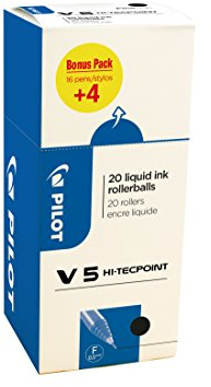 Pilot 3131910516507 V5 Hi-Tecpoint Liquid Ink Roller Pen - Black (Pack of 20)