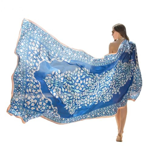 DANA XU 100% Maulbeerseide, Sommer-Reiseschal, extra groß, für Damen, Blumenmuster, Übergröße, weiche Wraps für Abendkleider, A 11 Blau