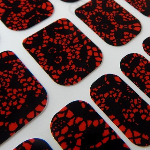 Chix Nails Designer Fingers Toes Vinyl Foils Minx Trendy Style Nail Wraps, Black With Red Lace