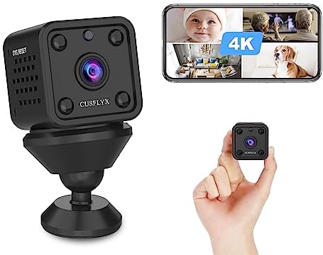 4K Mini Kamera, CUSFLYX Cloud WIFI Tragbar Überwachungskameras,Batteriebetrieben, Bewegungserkennung, IR Nachtversion, Nanny Pet Home Office Garage, Weitwinkel, Einfach installieren TF-Karten-Aufnahme
