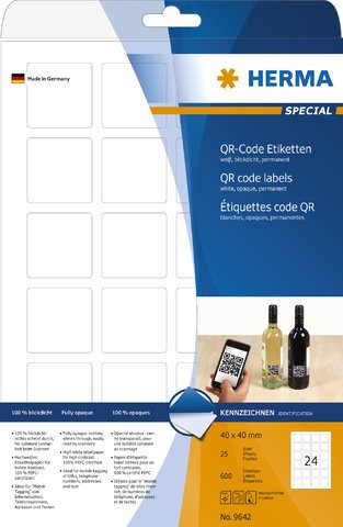 HERMA Etikett, QR-Codes, Inkjet/Laser/Kopierer, auf A4-Bogen, selbstklebend, abgerundete Ecken, 40 x 40 mm, weiß, opak (600 Stück), Sie erhalten 1 Packung á 600 Stück