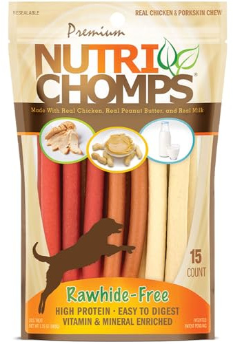 Nutri Chomps Dog Chews, 5-inch Twists, Easy to Digest, Rawhide-Free Dog Treats, 15 Count, Real Chicken, Peanut Butter and Milk flavors
