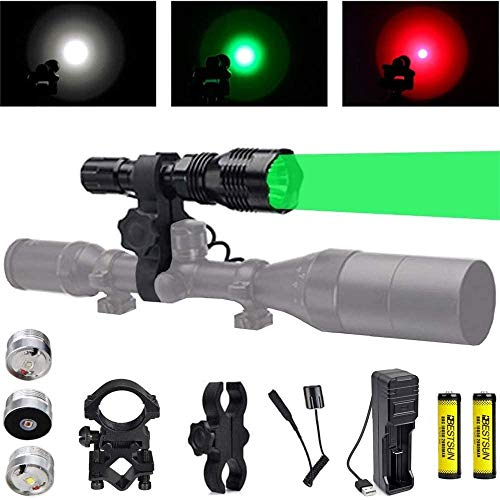 Linterna de Caza LED Verde Rojo Blanco,Luz de Depredador de 350 Yardas con Interruptor de Presión,Montaje de Rifle Montaje de Alcance para Cerdos Coyotes Varmints Mapaches Coon Deer Noche Caza
