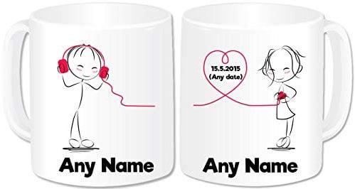 Personalised Mr and Mrs Gifts Mugs Set of 2 Coffee Cups - Romantic Love Hearts Couples Gifts Idea Engagement Wedding Anniversary Valentines Present (Design: Headphones)