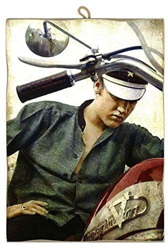 KUSTOM ART Vintage-Stil Bild Elvis Presley auf Motorrad Druckdruck auf Holz geformt 25x18 cm…