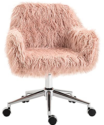 Vinsetto Chefsessel Drehstuhl Computerstuhl Schminkstuhl mit Kunstfell Sitzhöhenverstellung für Mädchen Kunstpelz Schaumstoff Rosa+Silber 57 x 60 x 75-85 cm