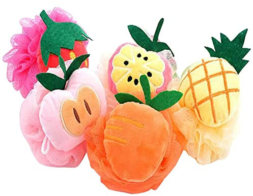 JIHUOO 5 Pièces Éponge de Bain en Forme de Fruit Éponge de Douche Exfoliante Fleur de Bain Éponge Loofah Corps pour Enfants Femmes