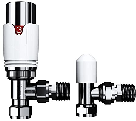 iBathUK Pro Thermostatic Angled Radiator Valve 1/2 (TRV) and Lockshield Valve, Central Heating, Tower Rail Valve- White/Chrome