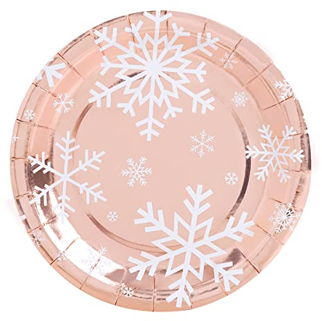6 Unidades - Platos Desechables Cartón de Ø 23 cm Temática Navideña con Diseño de Copo de Nieve Blanco y Oro Rosa. Platos Biodegradables Navidad, 100% Reciclables. Perfectos Celebraciones y Eventos.