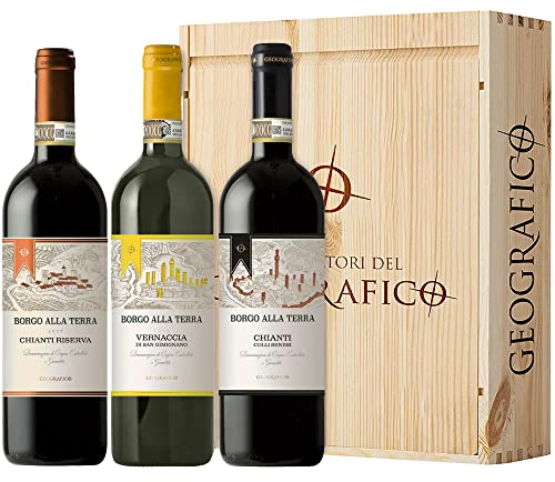Cassetta 3 Bottiglie Vino Toscana | Geografico | Borgo Alla Terra | Chianti Riserva | Vernaccia di San Gimignano | Idea Regalo