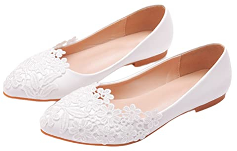 Minetom Damen Braut Hochzeit Abend Party Schuhe Frauen Spitzen Blume Flache Ballerinas Elegante Kleid Brautschuhe C Weiß 42 EU