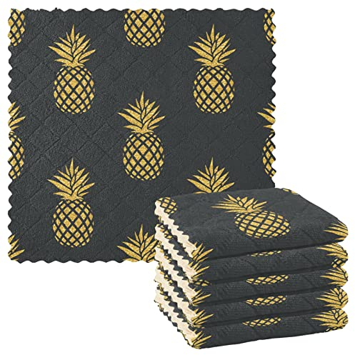 Schwedische Geschirrtücher, weich, saugfähig, Geschirrtücher, Geschirrtücher, Geschirrtücher, Küchentücher, 28 x 28 cm, 6 Stück, sommerliche goldene Ananas auf schwarz ARRE206