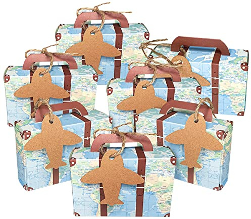 Hodeacc Travel Themed Candy Boxes,50Pcs Mini Suitcase Vintage Kraft Wedding Favours Boxes with Tags and Burlap Twine for Wedding Bridal Shower/Kids Birthday Party Decor (Blue)