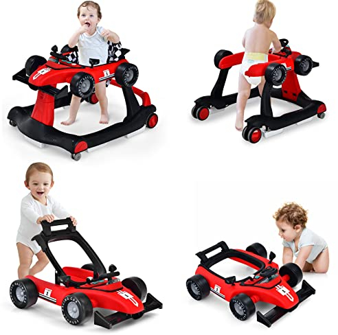 LIFEZEAL Girello Neonato 6-18 Mesi, 4 in 1, Girello per Bambini 6-18 Mesi, Baby Walker Pieghevole, con Altezza e Velocità di Ruote Regolabili, Primi Passi, con Luce e Musica, Portata 15 kg, Rosso