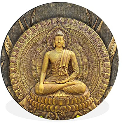 MuchoWow Wandbild Rund Wanddeko Deko Wohnzimmer Bilder 60x60 cm Gold - Buddha-Statue - Spirituell - Meditation