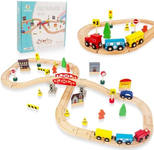 60 Stück Holzeisenbahn und Züge Pack Eisenbahn Anfängerset Kompatibel mit Thomas Passend für Eichhorn Zugset Kleinkinderspielzeug empfohlen ab 3 Jahren (61 Stück)