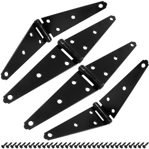 Hordion Lot de 4 charnières de porte d'abri de jardin, charnières de porte robustes de 15,2 cm, charnières en T noires avec vis pour clôture, portail en bois, porte d'armoire
