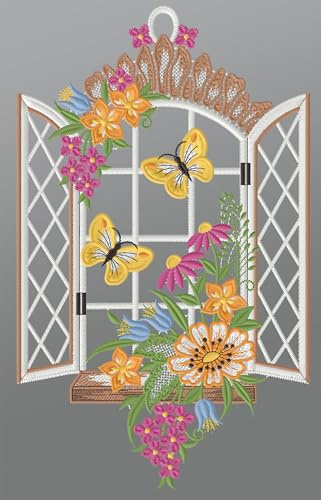 Plauener Spitze Fensterbild Frühlingsblick (BxH) 19cm x 32cm, Mehrfarbig, Fensterdekoration und Fensterschmuck