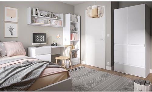 Lomadox Jugendzimmer Set Bett Liegefläche 120x200 cm mit Bettschublade Scheibtisch Wandregal Regal Kleiderschrank weiß grau
