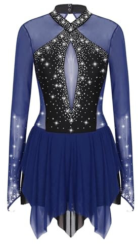 iEFiEL Glitzer Eiskunstlauf Kleid Damen Langarm Kürkleid Strasssteine Rollkunstlaufkleid Leotard Tanzanzug Wettbewerb Tanzkostüm Xb Navy blau M