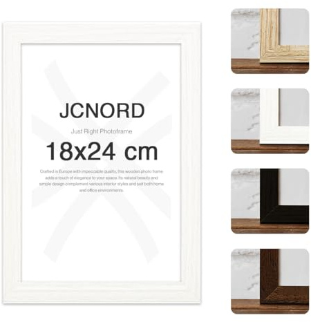 JCNORD Weißer MDF Holz Bilderrahmen 18x24 cm mit bruchsicherem Acrylglas | Moderner Fotorahmen für Wände und Tische