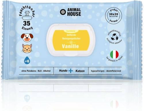 Animal House Toallitas perfumadas 35 PCS: Toallitas húmedas hipoalergénicas y biodegradables para la Limpieza Diaria de Perros y Gatos (35, Vainilla)