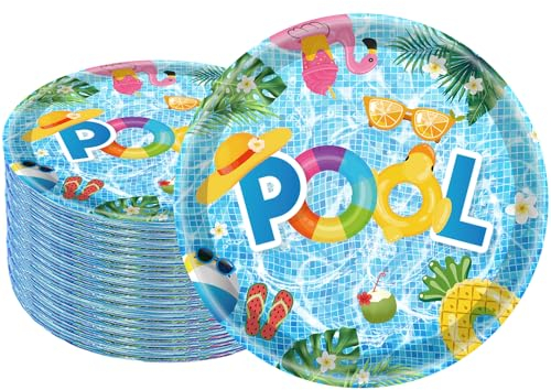 50Pcs Pool Party Supplies,Summer Pool Party Plates 7 Pool Paper Plates Summer Plates for Pool Theme Kids Summer,Beach Pool Party,luau Ball Water Tube Picnic Pool Birthday Party Decorations (Beach)