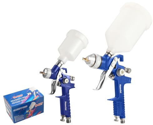 HVLP Air Gravity Spray Gun Set, 2Pcs Sprayer Paint Gun with 0.8mm 150ml&1.4mm 600ml Automotive Paint Gun with Locking Air Pressure Regulator Gauge Air Spray Gun for Furniture (Blue with Carton Box)