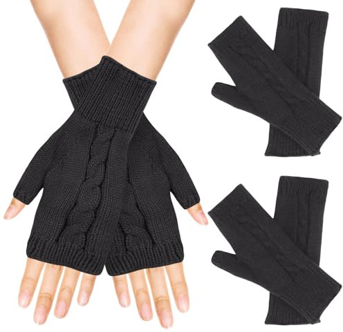 Kiiwah 2 Paar Halb Finger Handschuhe, Unisex Weiche Pulswärmer Winter Strickhandschuhe mit Daumen, Warme Fingerlose Handschuhe für Arbeit, Sport, Winterliche Outdoor Aktivitäten