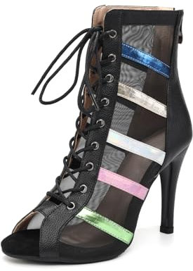 SWDZM Zapatos Botas de Baile Latino Mujer Punta Abierta Malla Jazz Salsa Zapatos de Baile de Salón,Talón-9.5cm,Negro,EU 38.5