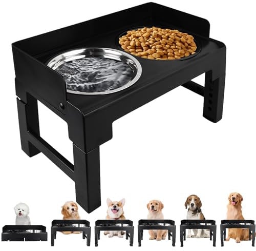 Dokeno Gamelles Chiens Surélevées Réglables - Porte Gamelle Anti-Glouton INOX, 5 Hauteurs, Pliable, pour Chiens Moyenne et Grande Taille