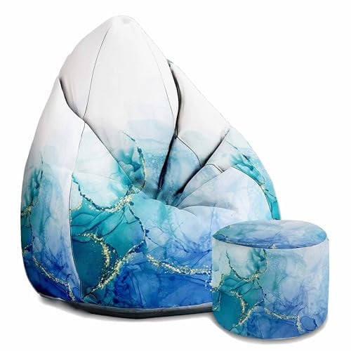DreamRoots Sitzsack Erwachsene mit Füllung 80x80x120cm - Bean Bag Chair - Sitzsäcke mit Lehne und Hocker und Bezug - Sitzsack Sessel - Chill Sessel Oxford Blue Marmur
