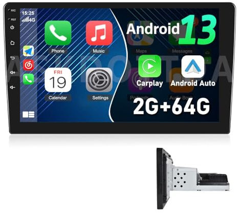 2+64G 10.1 Inch Single Din Android 13 Car Radio Stereo with Wireless Apple Carplay Android Auto Screen, 1 Din Touch Screen Bluetooth Car Radio GPS WiFi Mirror Link FM RDS EQ Reversing Camera Mic