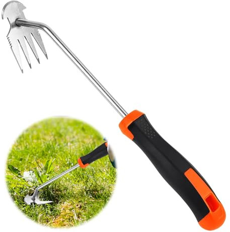 mizikuu Outil de Désherbage Manuel, 4 Dents Outil de Desherbeur Jardinage Arrache Mauvaise Herbe Acier Inoxydable avec Long Manche pour Enlever Racines Mauvaises Herbes