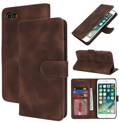 Zouzt Hülle für iPhone SE 2022/2020, 8/7 4,7-Zoll, Stoßfestes PU Leder Handyhülle Lederhülle Klapphülle mit Kartenhalter und Standfunktion Flip Leather Wallet Phone Cover (Vintage Dunkelbraun)