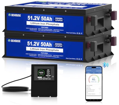 DCHOUSE 2 Pack 48V 50AH LiFePO4 Golf Cart Battery, rechargeable battery with more than 3000 cycles, integrated BMS, ideal for golf carts, lawn mowers, RVs, solar systems, e-scooters, camping