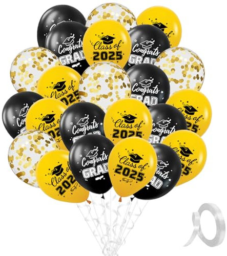 DazzJoy 25 Stück Graduation Deko 2025 Luftballons Schwarz Gold mit Doktorhut Deko, Congrats Prüfung Bestanden Deko Helium Ballon, Abi 2025 Deko Ballons, Bachelor Deko Ballon, Abschluss Deko Luftballon