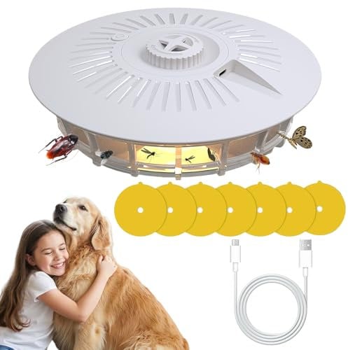 AMFUN Trappole per Pulci, 1 Pezzi Trappola per Pulci con 7 Dischi Adesivi, Lampada Elettrica Antipulci a 4 Modalità, Lampada Antipulci Non Tossica con Luce LED Calda e UV per Casa Tappeti