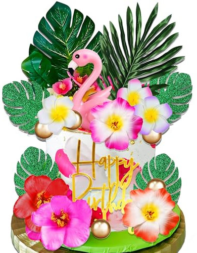 JeVenis décoration de gâteau d'anniversaire flamant rose tropical décorations pour gâteaux de plage décorations pour gâteaux hawaïens décorations pour anniversaires