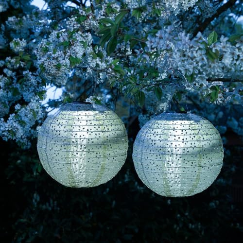 LED Solar Lampions mit Blumenmuster blau 25cm für Party Balkon Terrasse outdoor 2er Set Gartenlampion mit Sensor wetterfeste Solarlampe hängend Laterne (blau - 2 Stück (rund))