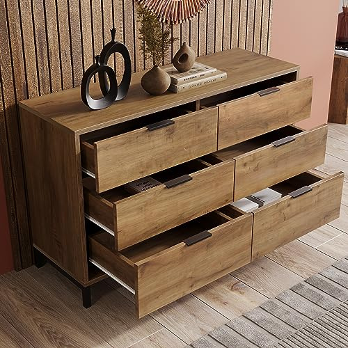 YAIXBNG Kommode, Sideboard mit 6 Schubladen, 120 x 40 x 76 cm in Dunkle Eiche, Sideboard Highboard für Schlafzimmer & alle Wohnräume
