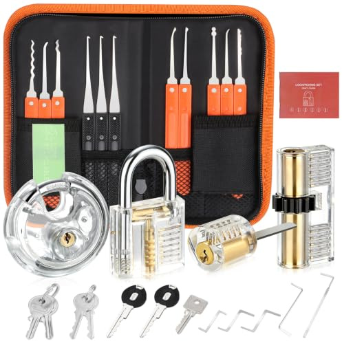 32 Pcs Lock Picking Kit, [Upgraded Version] Diyife Lock Pick Set with 4 Transparent Training Locks 3 Key Extractors & 8 Locks Picking Tools for Lockpicking, Guide for Beginner and Locksmith Training