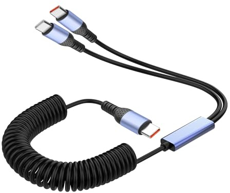 YACSEJAO 2-in-1 USB A/C to Dual USB Type-C Coiled Charger Cable,66W Fast Charging Retractable USB Type-C Y-Shape Spring Splitter Cord for Phone/PC/Charger/Car (1.8 to 6ft (USB C to 2 USB C)
