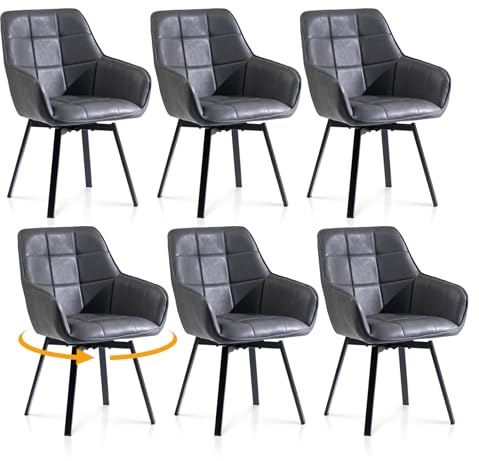 TUKAILAI 6er Set Esszimmerstühle Drehbar Kunstleder mit Armlehnen, Grau | Drehstuhle esszimmer,Rückenlehne,Armlehnstuhle,Gepolsterter Sitz, Metallbeine, Für Küche