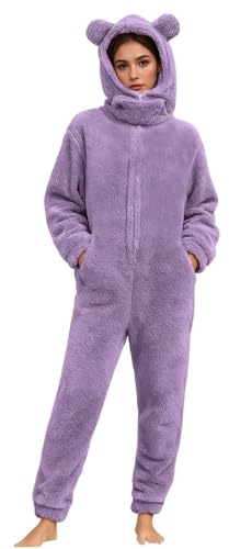 Generisch Tuta invernale da donna, morbida, tuta intera da donna, taglia grande, lunga, pigiama, soffice, in pile, calda, in peluche, con orecchie d'orso, con cappuccio